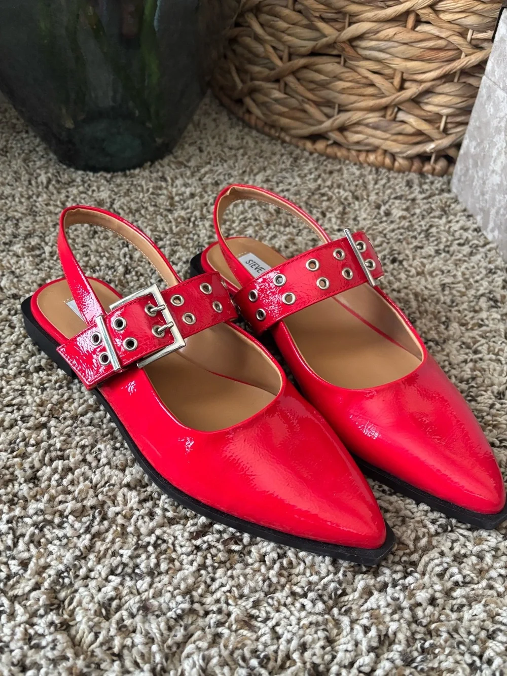 Steve Madden Red Patent Slingback Flats with Buckle Detail